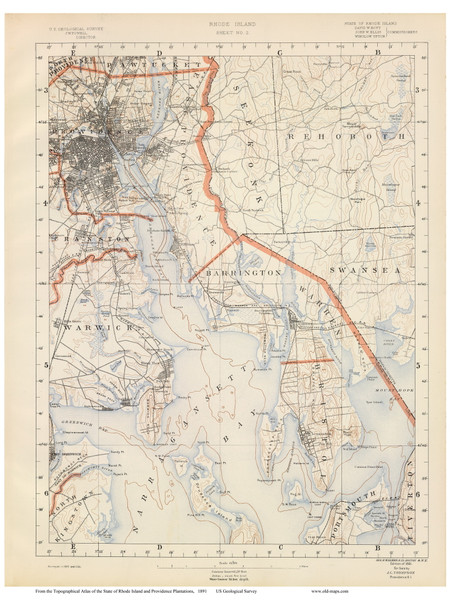 Sheet 3 - Providence, Warwick, and Bristol, Rhode Island 1891 USGS Old Topo Map 15x15 Quad - 1891 Atlas