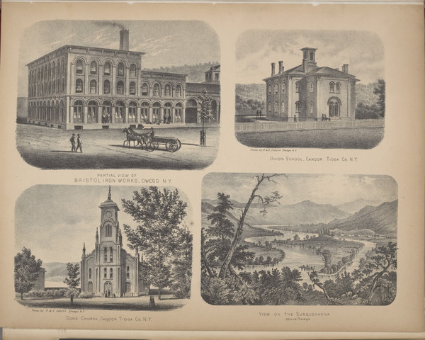 Bristol Iron Works, Union School, Cong. Church, View on the Susquehanna, New York 1869 - Old Town Map Reprint - Chemung Co. Atlas 33