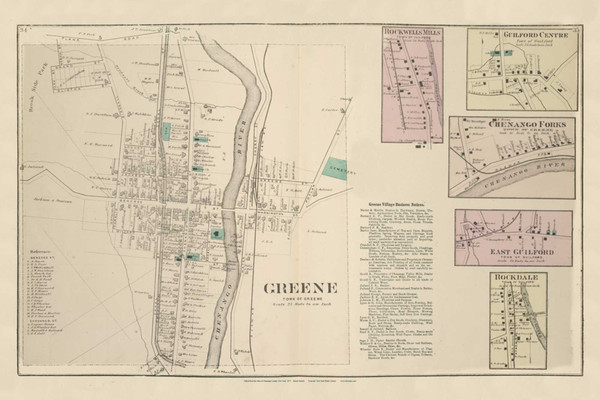 Greene Village, New York 1875 - Old Town Map Reprint - Chenango Co. Atlas 34-35