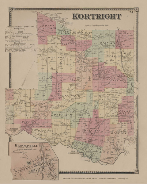 Kortright, New York 1869 - Old Town Map Reprint - Delaware Co. Atlas 24