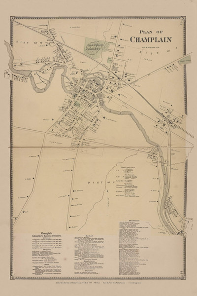 Champlain Village, New York 1869 - Old Town Map Reprint - Clinton Co. Atlas 13-14