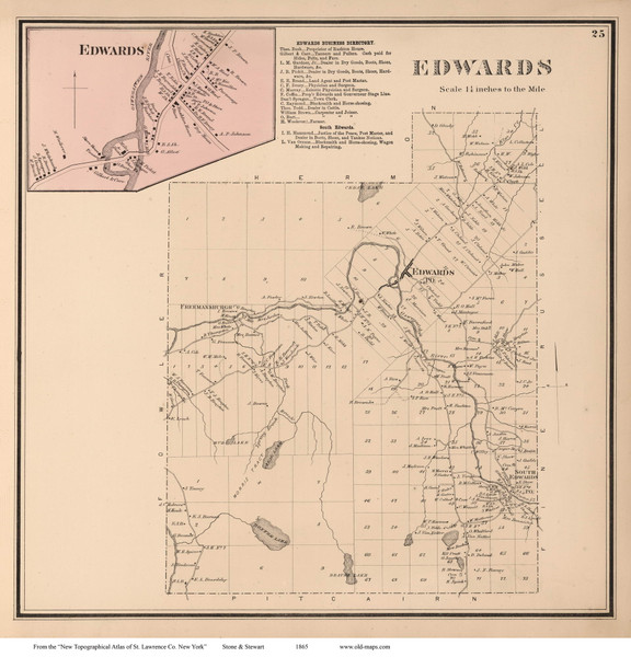 Edwards & Edwards Village, New York 1865 - Old Town Map Reprint - St. Lawrence Co. Atlas
