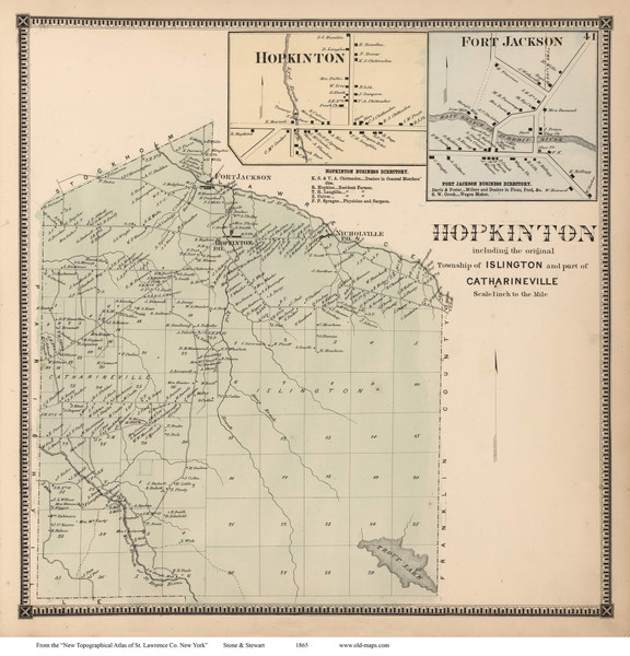 Hopkinton Town, Hopkinton and Fort Jackson Villages, New York 1865 - Old Town Map Reprint - St. Lawrence Co. Atlas