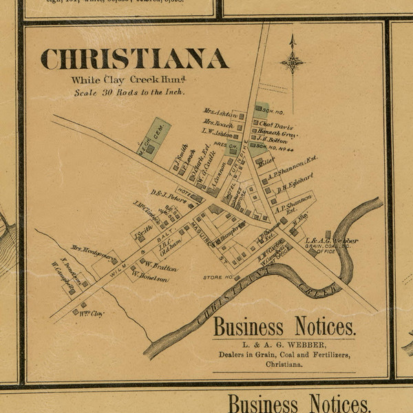 Christiana Village - White Clay Creek, Delaware 1881 Old Town Map Custom Print - New Castle Co.