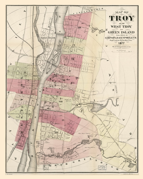 Troy 1877 - Old Map Reprint - New York Cities Other Rensselaer Co.