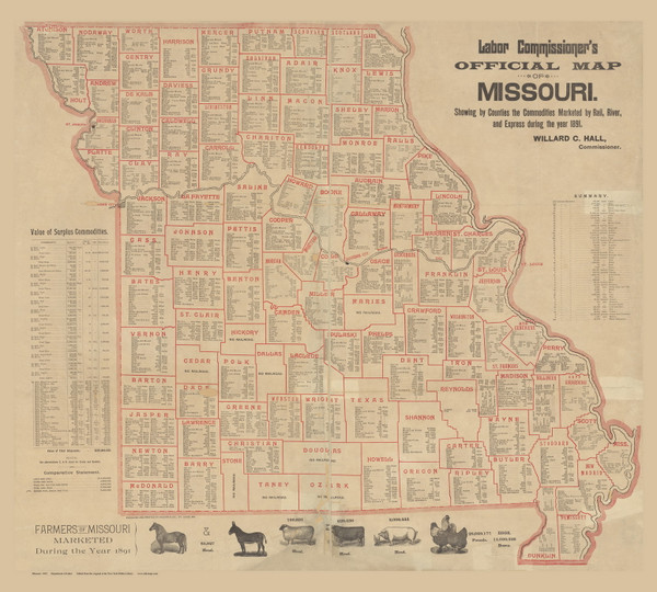 Missouri 1892 Hall - Old State Map Reprint