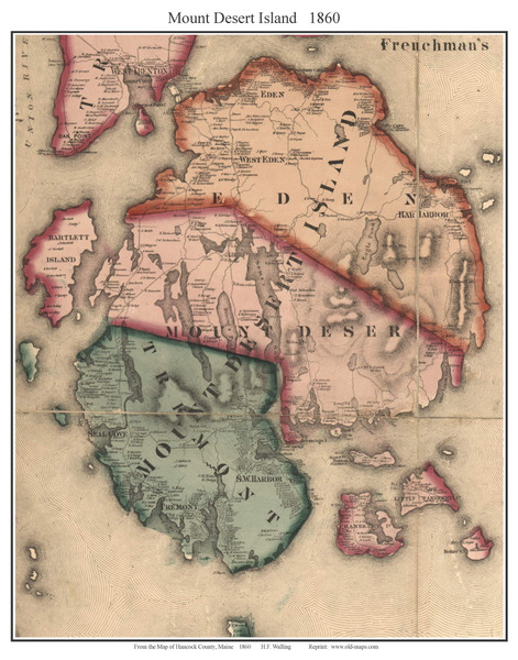 Mount Desert Island, Maine 1860 Old Town Map Custom Print - Hancock Co.