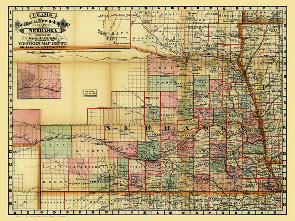 Nebraska 1879 Cram - Railroads - Old State Map Reprint