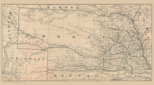 Nebraska 1880 Gast - Old State Map Reprint