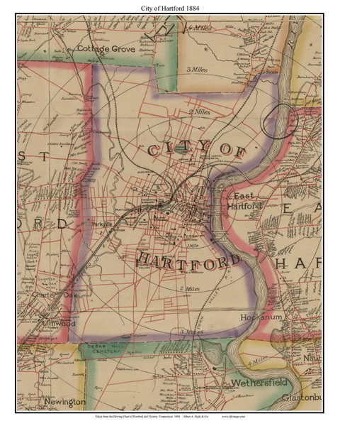 City of Hartford, Connecticut 1884 Hartford and Vicinty - Old Town Map Custom Print