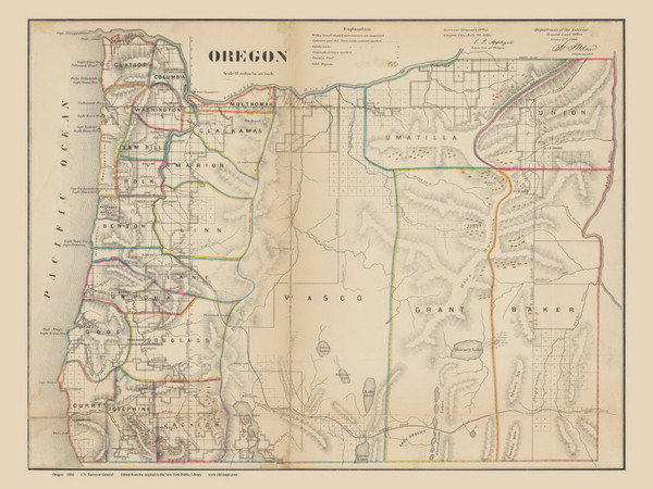 Oregon 1866 Surveyor General - Gold Regions - Old State Map Reprint