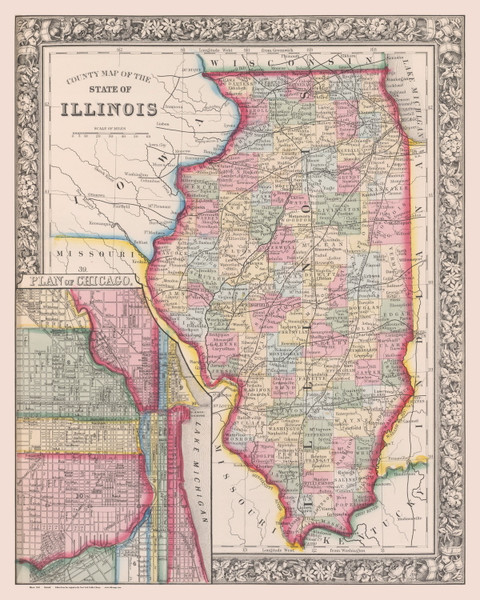 Illinois 1863 Mitchell - Counties - Old State Map Reprint Illinois 1863 Mitchell - Counties - Old State Map Reprint