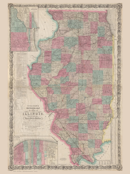 Illinois 1869 Colton  - Old State Map Reprint
