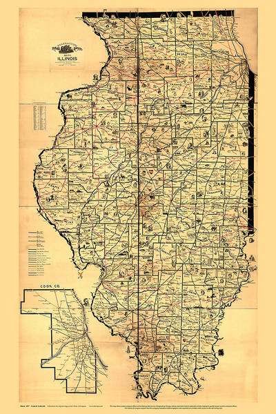 Illinois 1897 Galbraith - Quirky Railroad Map - Old State Map Reprint