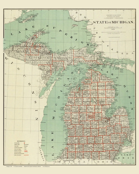 Michigan 1878 General Land Office - Old State Map Reprint