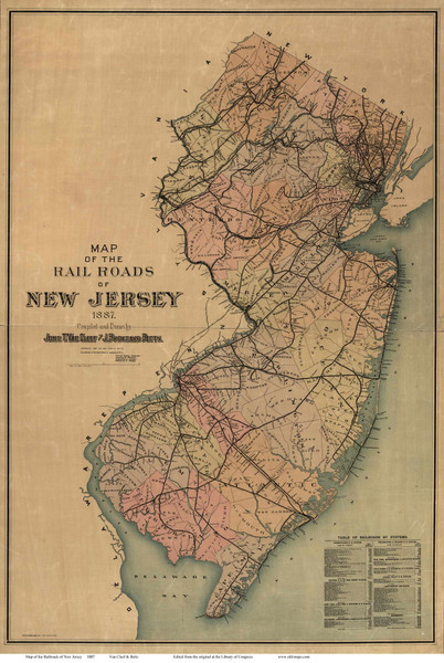 New Jersey 1887 Van Cleef - Railroads - Old State Map Reprint