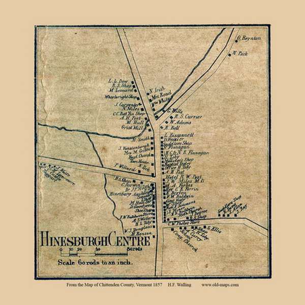Hinesburgh Center, Vermont 1857 Old Town Map Custom Print - Chittenden Co.