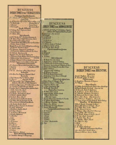 Business Directories for Vergennes, Middlebury & Bristol, Vermont 1857 Old Town Map Custom Print - Addison Co.