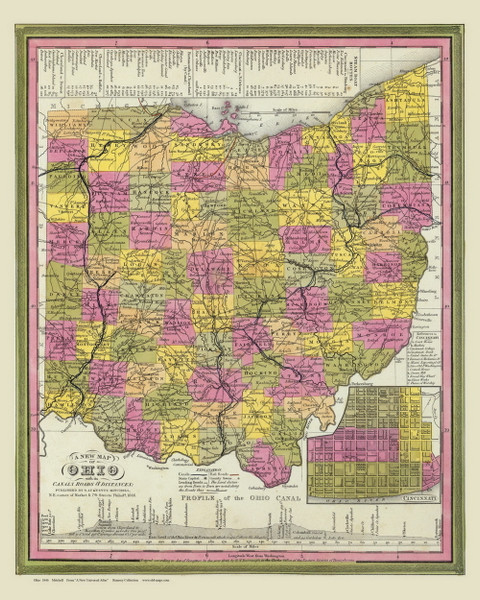 Ohio State 1846 Mitchell - Canals, Roads & Distances - Old State Map Reprint