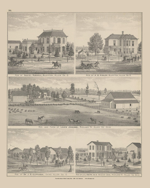 Residences & Farms of Daniel Russell, A.G. Kibler, Lewis Jennings, Dr. J. S. Clippinger  J.L. Asire - Ohio 1880 Old Town Map Custom Reprint - Allen Co. Atlas