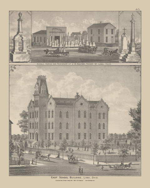 Marble Works and Residence of J.D. Halter & Lima East School Bluiding - Ohio 1880 Old Town Map Custom Reprint - Allen Co. Atlas