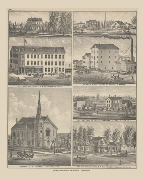 Residence of J.F. McShane, P.W. Morton, Isaac Sawmiller, Dr. H.P. Wagner, Trinity M.E. Church & Delphos Mills  - Ohio 1880 Old Town Map Custom Reprint - Allen Co. Atlas