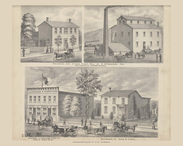Residence & Steam Flour Mill of C. Steenrod and Hardware & Furniture Store and Residence of Chas. A. Cable - Ohio 1875 Old Town Map Custom Reprint - Athens Co. Atlas 28