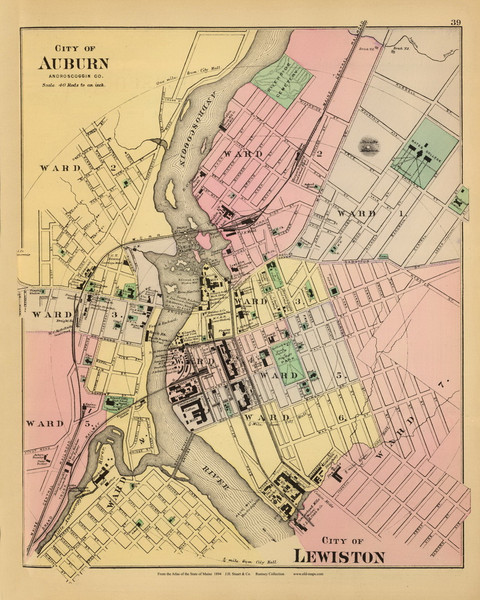 Cities of Auburn and Lewiston 14, Maine 1894 Old Map Reprint - Stuart State Atlas Cities of Auburn and Lewiston 14, Maine 1894 Old Map Reprint - Stuart State Atlas