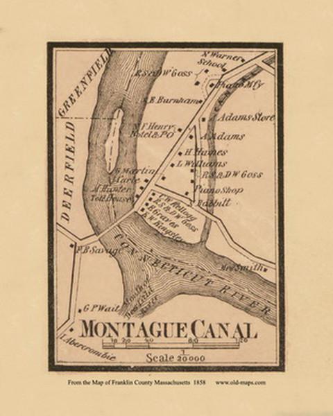 Montague Canal - Montague Massachusetts 1858 Old Town Map Custom Print - Franklin Co.