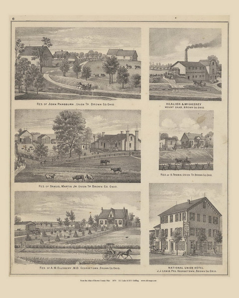 Residences of John Pangsburn, Samuel Martin Jr., S. Frebis & A.M. Ellsbery and Healion & McChesney and National Union Hotel - Ohio 1876 Old Town Map Custom Reprint - Brown Co Atlas 6 Residences of John Pangsburn, Samuel Martin Jr., S. Frebis & A.M. Ellsbery and Healion & McChesney and National Union Hotel - Ohio 1876 Old Town Map Custom Reprint - Brown Co Atlas 6