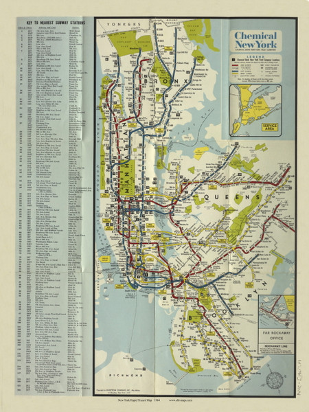 New York City 1964 - Chemical Bank of New York - Rapid  Transit Map - Subway  - Old Map Reprint