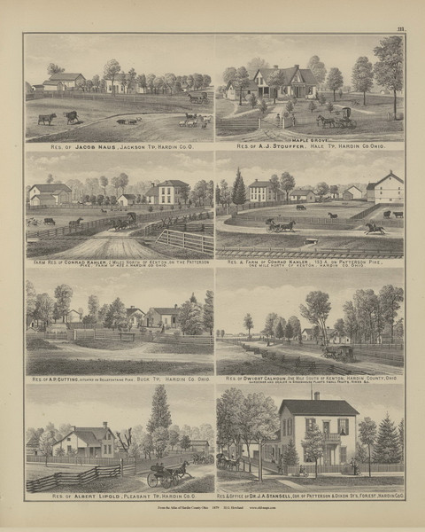 Residences of Dr. J.A. Stansell - Albert Lipold - Dwight Calhoun - A.P.Cutting - A.J. Stouffer - Jacob Naus - Residence & Farm of Conran Kahler - Ohio 1879 Old Town Map Custom Reprint - Hardin Co. Atlas 110
