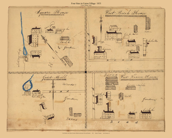 Union Village, Ohio - Square House, West Brick House, Grist Mill & West Frame House 1835 Old Map Reprint - Shaker Villages USA Regional