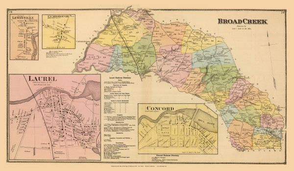 Broad Creek Town, Concord, Laurel, Lewisville, and Gumborough Villages, Delaware State Atlas 1868 Old Town Map Reprint - Sussex Co.