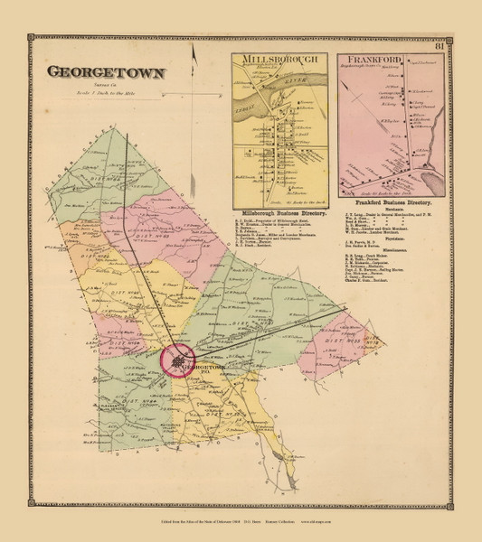 Georgetown Town, Millsborough and Frankford Villages, Delaware State Atlas 1868 Old Town Map Reprint - Sussex Co.