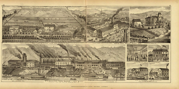 Residences of Robert Clark and L. Spence, L. Spence's Machine & Threshing Works, Wheeling Iron Works, A.F. Bray's Store, James Stone's Planing Mill, 1877 - Upper Ohio River and Valley Atlas - Old Map Custom Reprint - USA Regional 86, 87