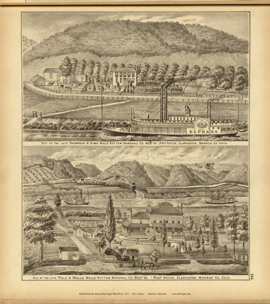 Residences of Thompson H. Sims and Rola N. Wells, 1877 - Upper Ohio River and Valley Atlas - Old Map Custom Reprint - USA Regional 135 Residences of Thompson H. Sims and Rola N. Wells, 1877 - Upper Ohio River and Valley Atlas - Old Map Custom Reprint - USA Regional 135