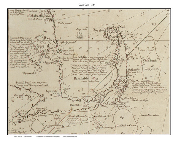 Cape Cod - Cape Only 1734 Southack - Old Map Custom Print CC-All