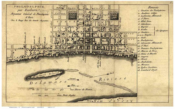 Philadelphia 1776 - French Text - Old Map Reprint PA Cities
