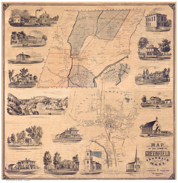 Greenfield 1855 - Old Map Reprint Franklin County - Massachusetts Cities Other