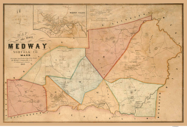 Medway 1852 - Old Map  Norfolk County - Massachusetts Cities Other