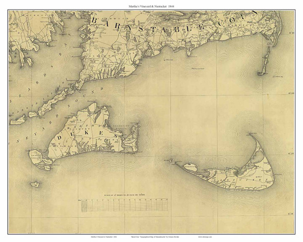 Martha's Vineyard & Nantucket 1844 Borden (Seacoast - Nantucket Shoals) - Old Map Custom Print