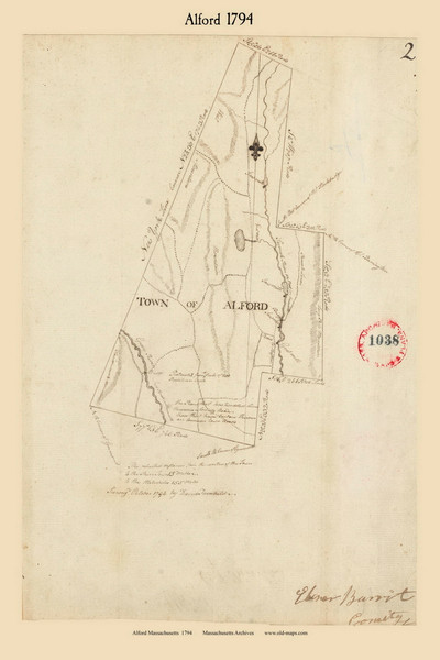 Alford, Massachusetts 1794 Old Town Map Reprint - Roads Place Names  Massachusetts Archives