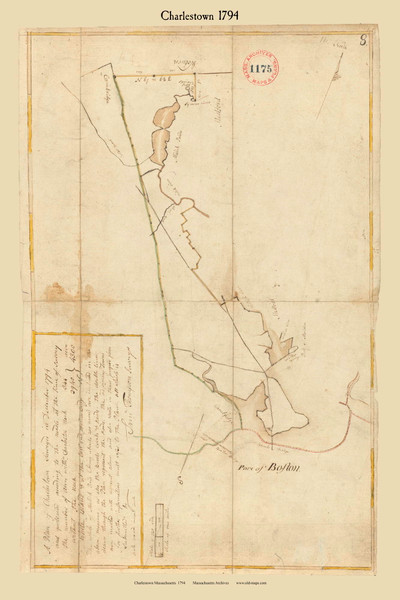 Charlestown, Massachusetts 1794 Old Town Map Reprint - Roads Place Names  Massachusetts Archives Charlestown, Massachusetts 1794 Old Town Map Reprint - Roads Place Names  Massachusetts Archives
