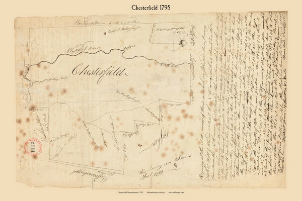 Chesterfield, Massachusetts 1795 Old Town Map Reprint - Roads Place Names  Massachusetts Archives