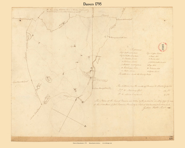 Danvers, Massachusetts 1795 Old Town Map Reprint - Roads Place Names  Massachusetts Archives