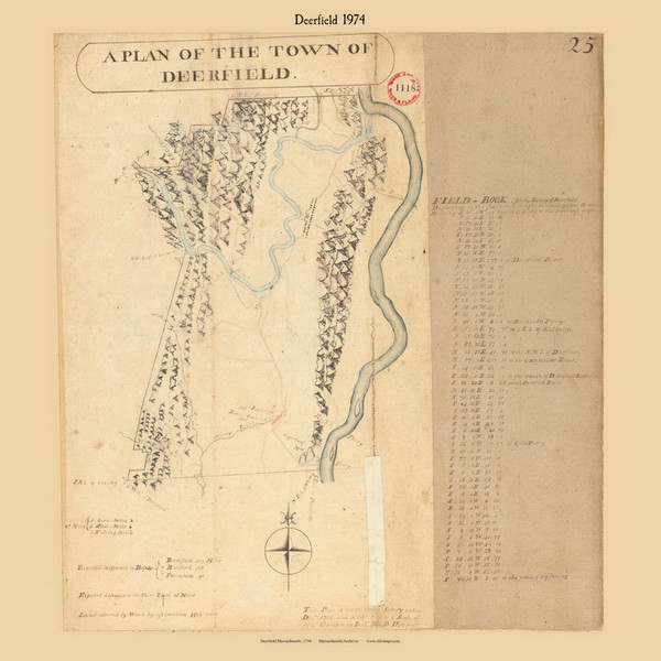 Deerfield, Massachusetts 1794 Old Town Map Reprint - Roads Place Names  Massachusetts Archives