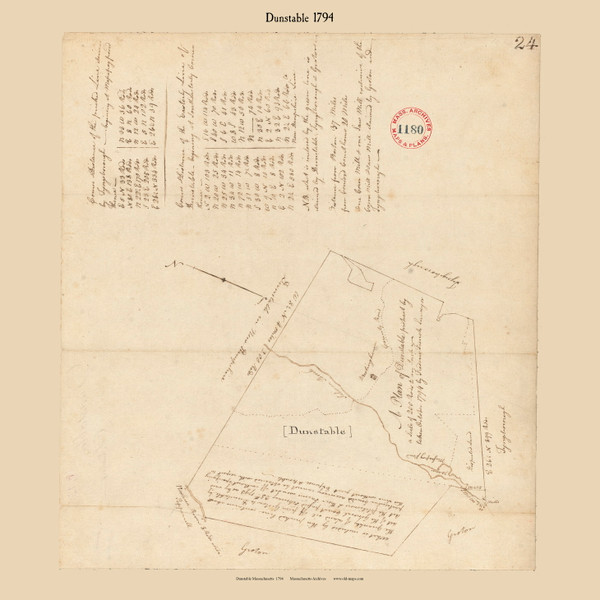 Dunstable, Massachusetts 1794 Old Town Map Reprint - Roads Place Names  Massachusetts Archives