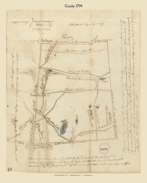 Granby, Massachusetts 1794 Old Town Map Reprint - Roads Place Names  Massachusetts Archives