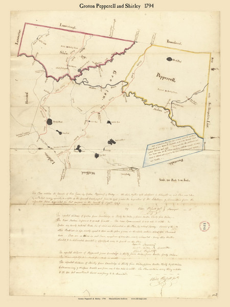 Groton, Pepperell & Shirley, Massachusetts 1794 Old Town Map Reprint - Roads Place Names  Massachusetts Archives
